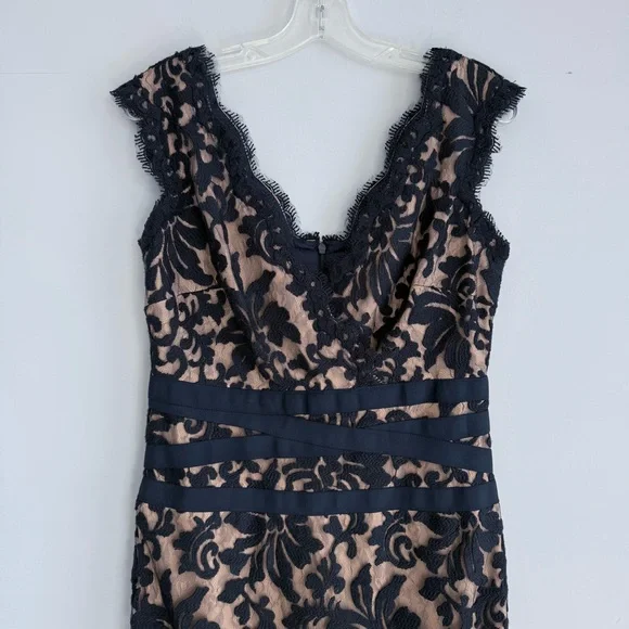 Tadashi Shoji Lace & Tulle Sheath Dress 6 Navy Nude Cocktail Party Wedding Guest - Picture 6 of 15